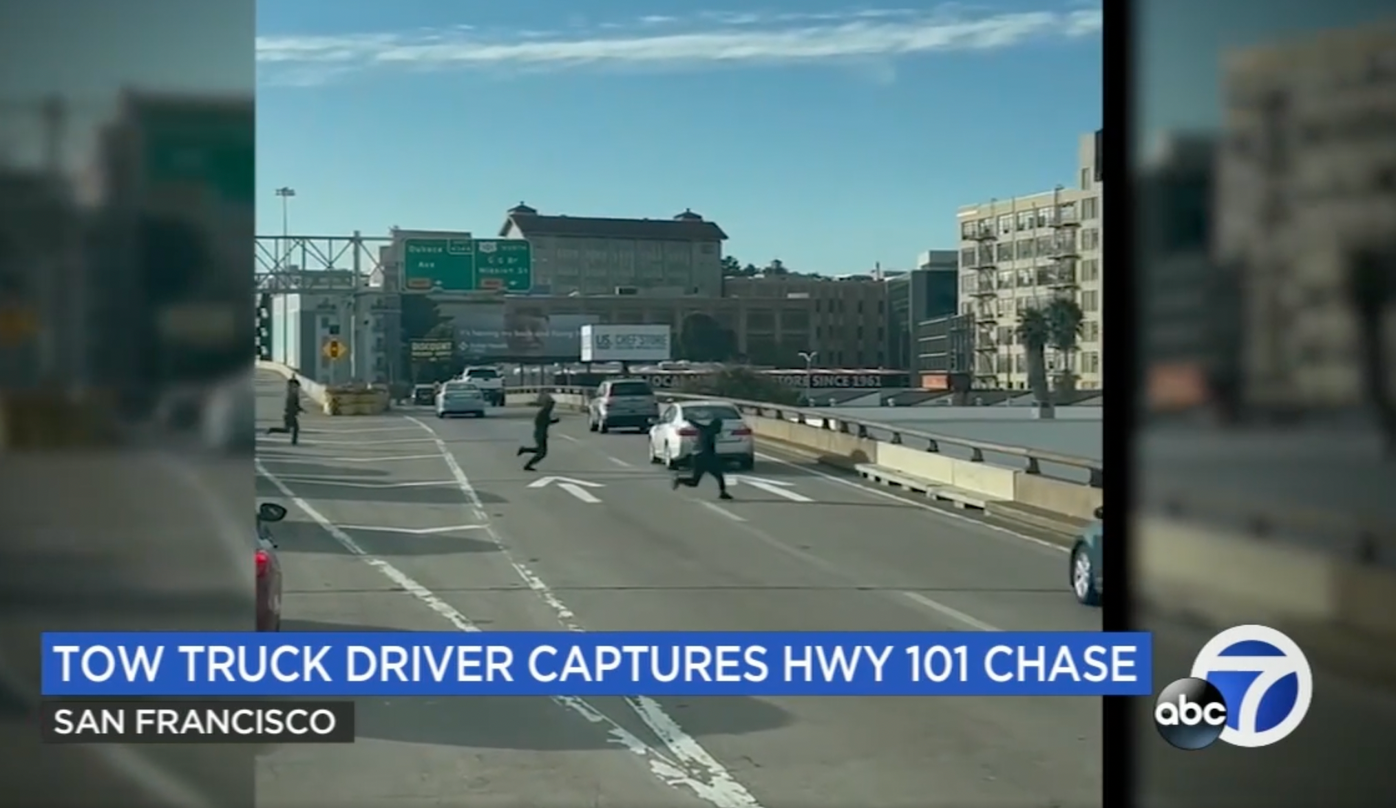 No, it’s not a scene from a new ‘Dirty Harry’ movie: Real-life suspected car burglars caught on video running from cops across San Francisco freeway