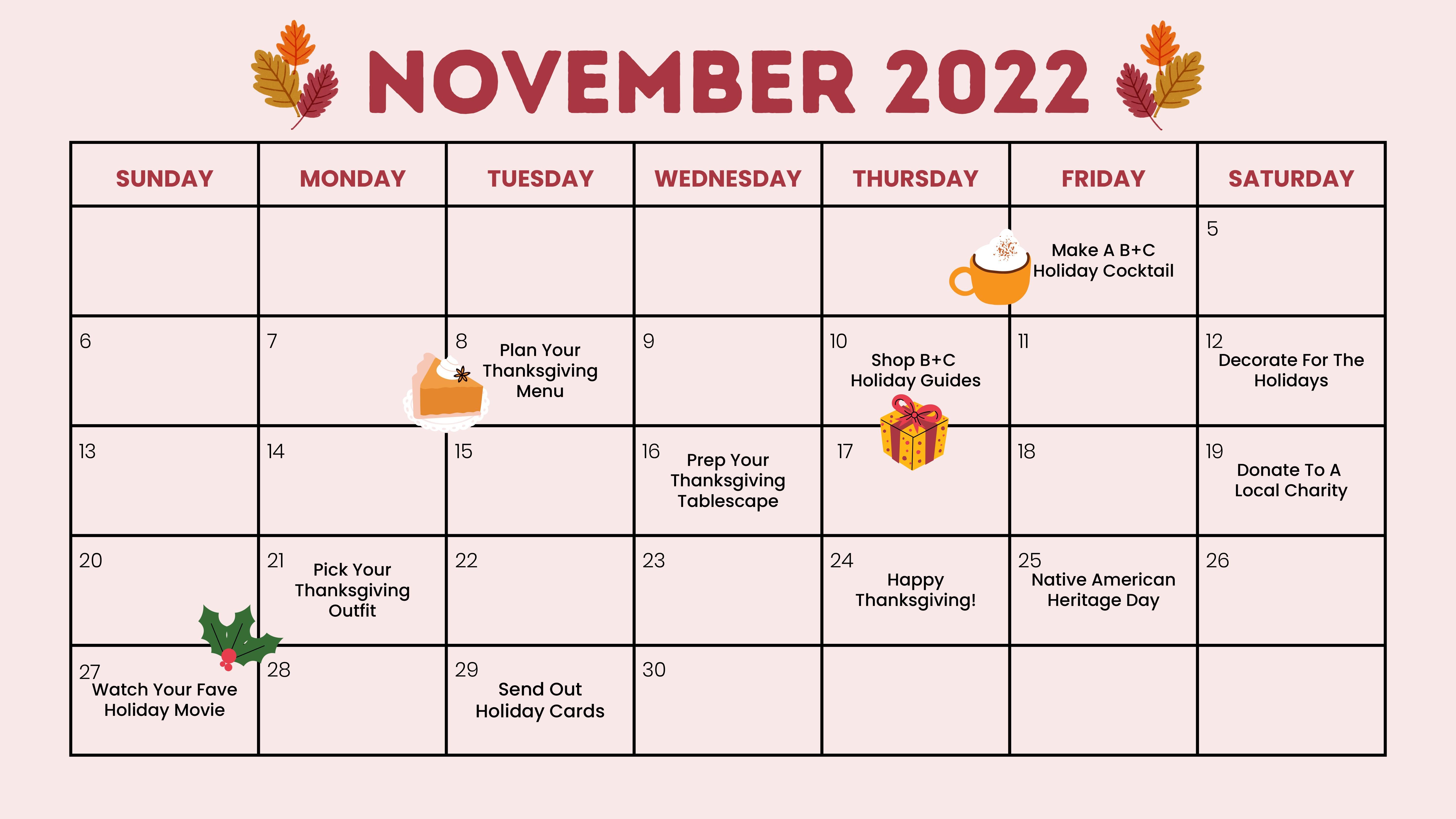 printable calendar november 2022 with holidays