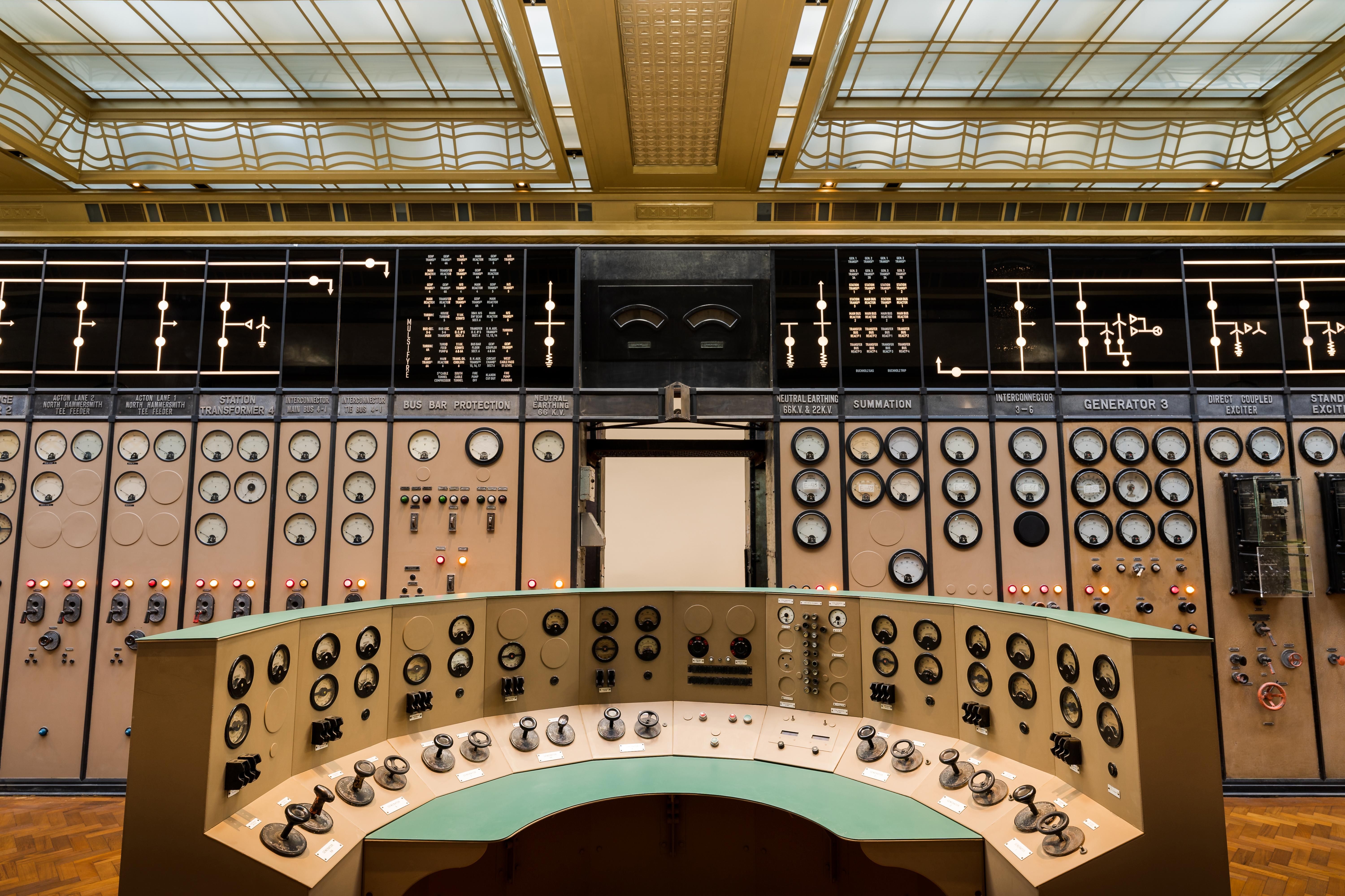 Image of a newly restored control room in a power station in London.