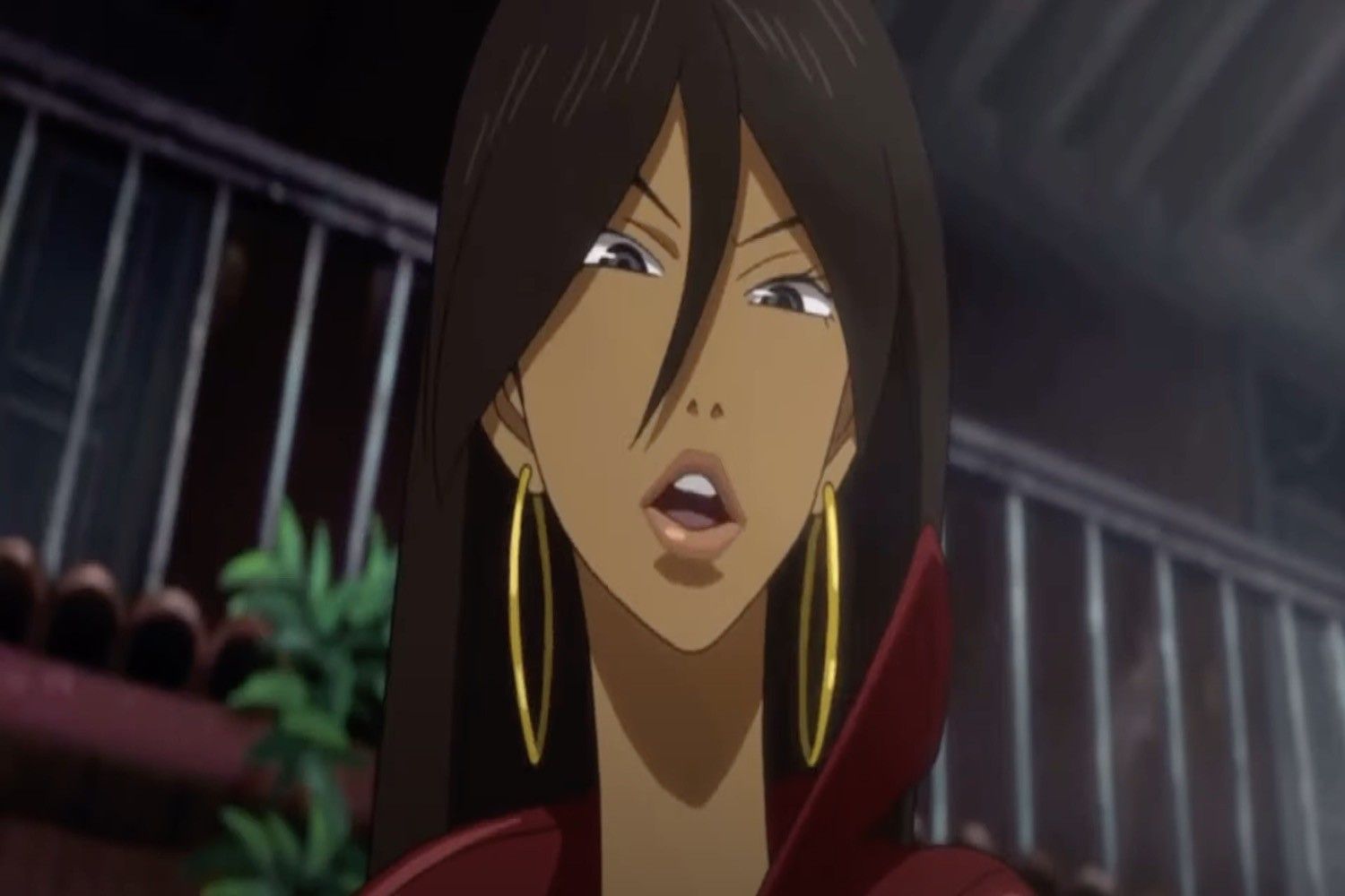 anime black woman with wavy black hair, amber eyes,...