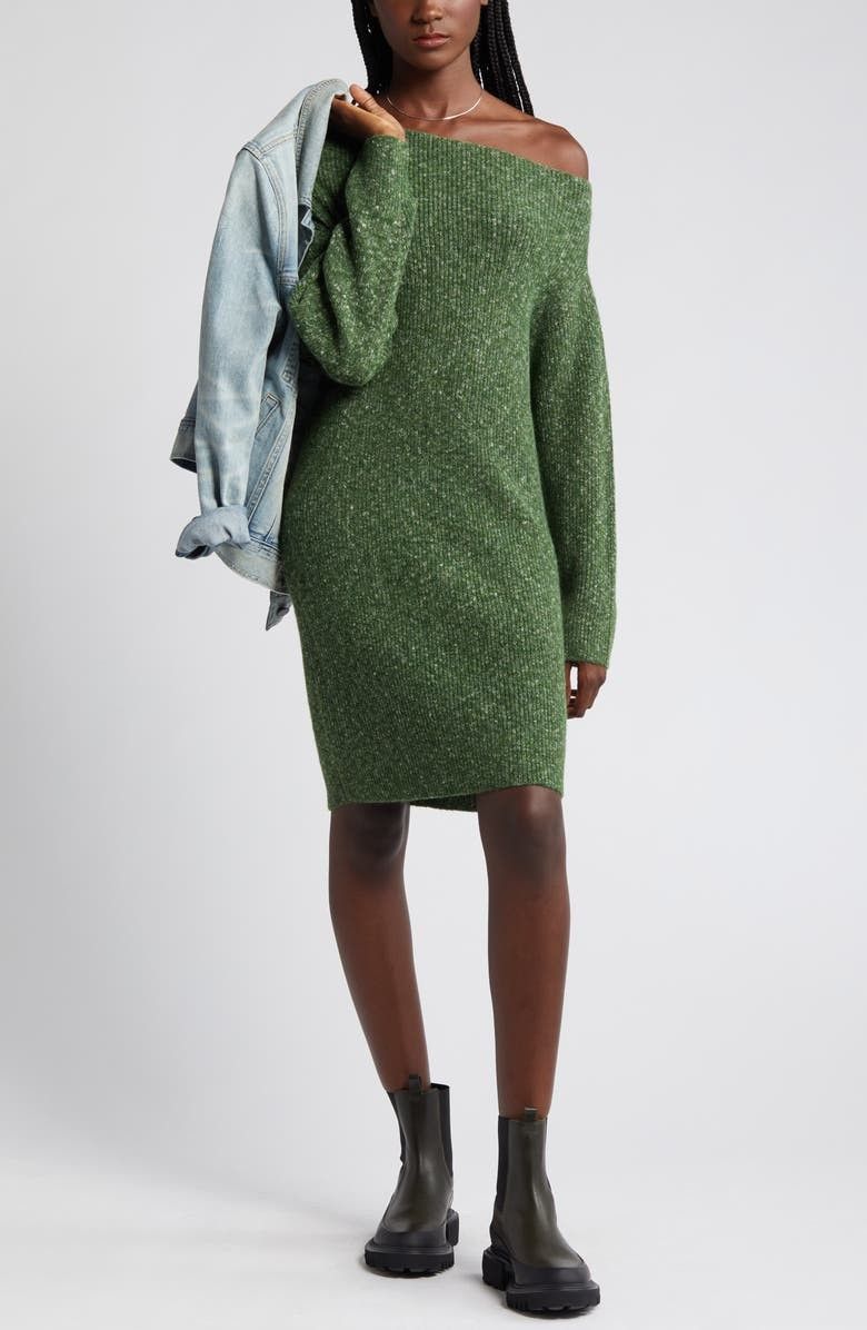 Green Spacedye Knit Cut Out Smiles Trim Mini Dress