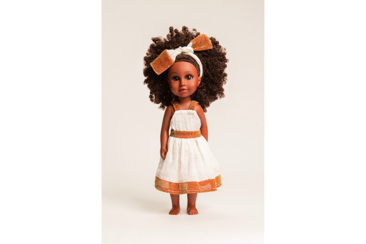A photo of Bell\u2019s Toys\u2019 Baby Selam, first in their line of Black dolls for children.