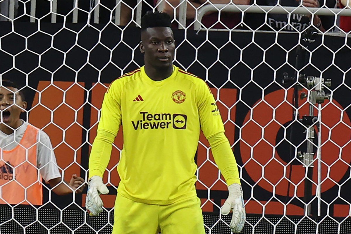 Andre Onana of Manchester United reacts to conceding a goal during the pre-season friendly match between Manchester United and Real Madrid at NRG Stadium on July 26, 2023 in Houston, Texas.