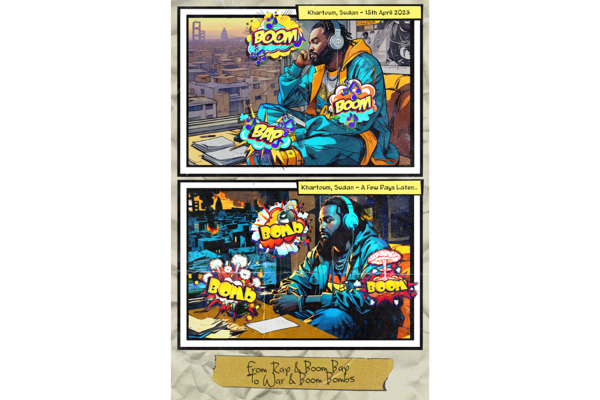 Illustration \u201cBoom Bap to Boom Bomb\u201d by Sudanese musician and visual artist Tayeb \u201cTooDope\u201d Hajo.