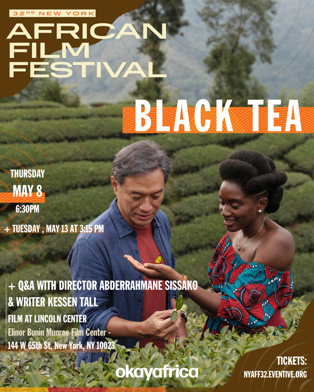 A poster promotingthe film Black Tea at the 32nd New York African Film Festival, screening on Thursday, May 8 at 6:30 PM and again on Tuesday, May 13 at 3:15 PM at the Elinor Bunin Munroe Film Center, with a Q&A featuring director Abderrahmane Sissako and writer Kessen Tall.