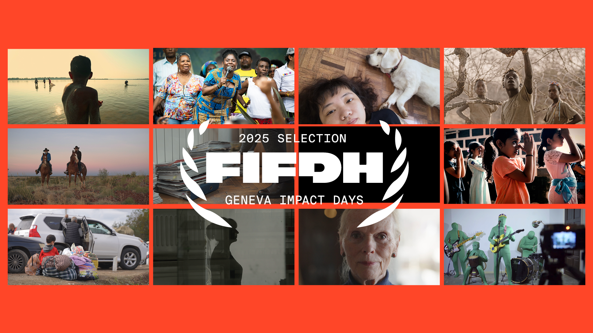Twelve images of the films pitching at the Geneva Impact Days in front of an orange screen, ranging from an elderly white woman's portrait to a group of masked strangers playing instruments to two men on horseback. In white letters, the caption reads, \