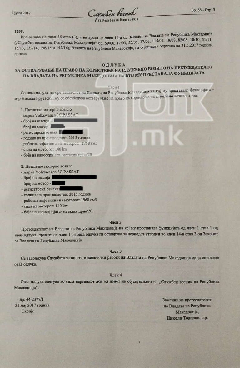 Todorov vendim qe Gruevski te perdore 2 vetura zyrtare