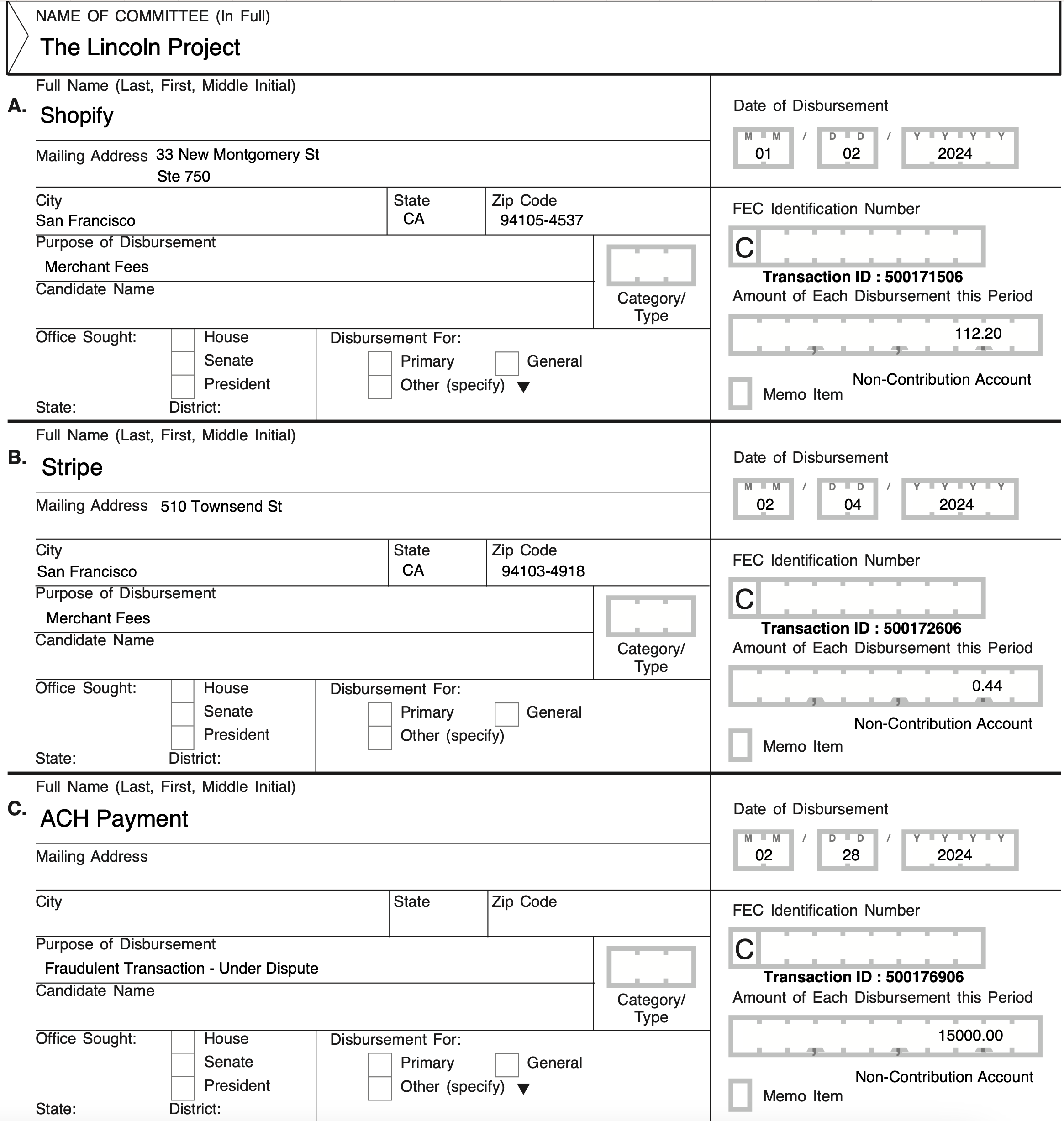 Federal Election Commission disclosure for The Lincoln Project