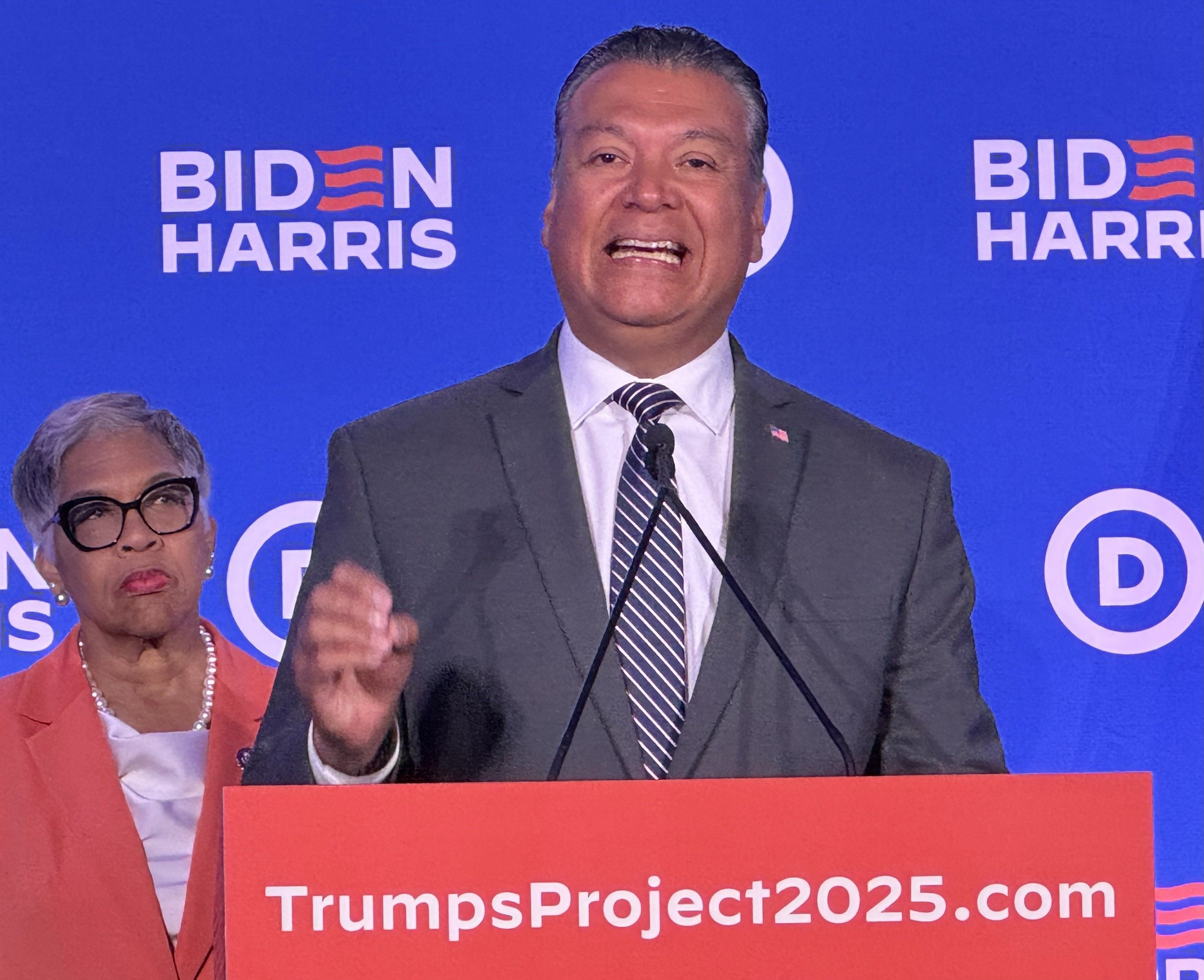 Sen. Alex Padilla (D-CA) speaks in support of Joe Biden as Rep. Joyce Beatty (D-OH) listens.