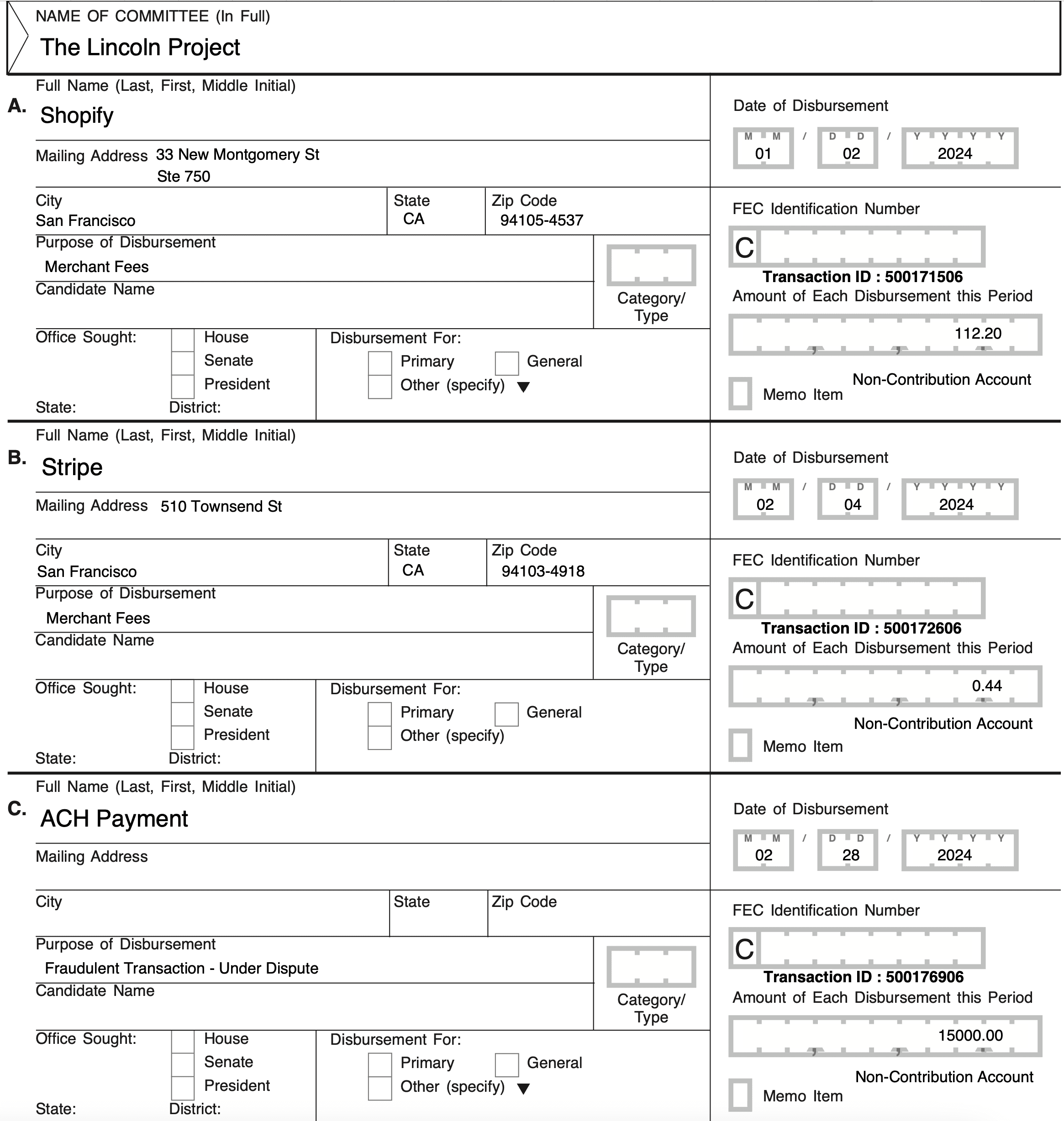Federal Election Commission disclosure for The Lincoln Project