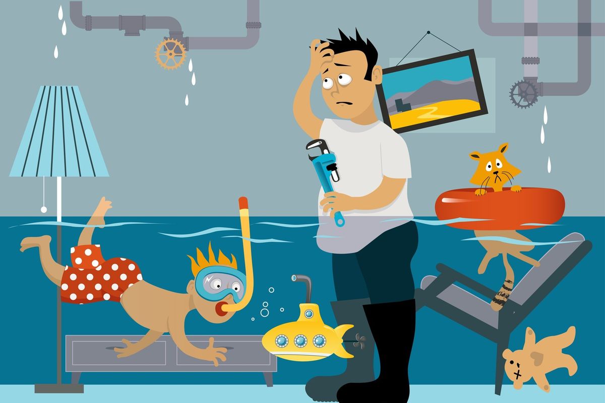 an illustration of a man in his house with water leaks
