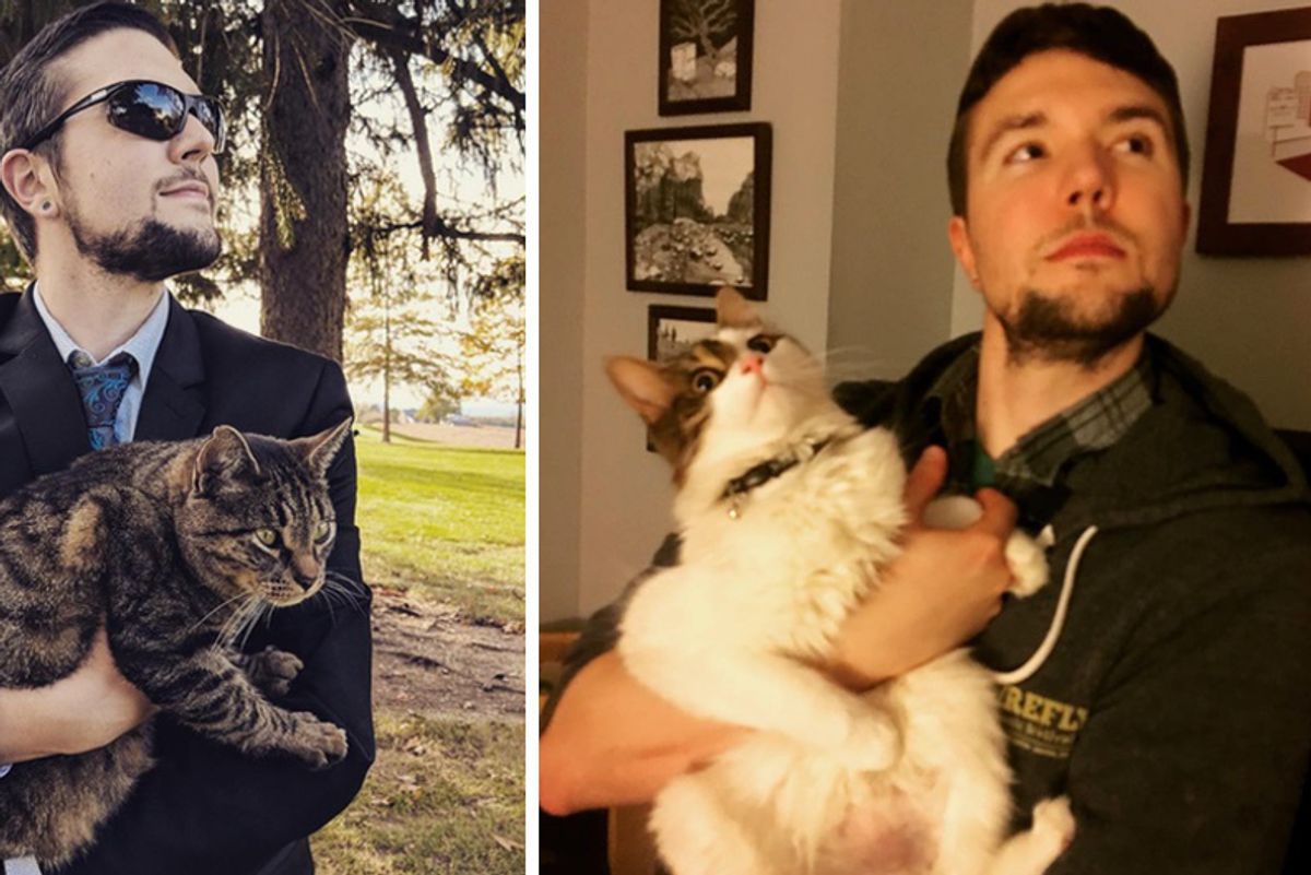 Man Can't Have a Cat So He Takes Photo With Every Kitty He Meets and Gives Them Cuddles
