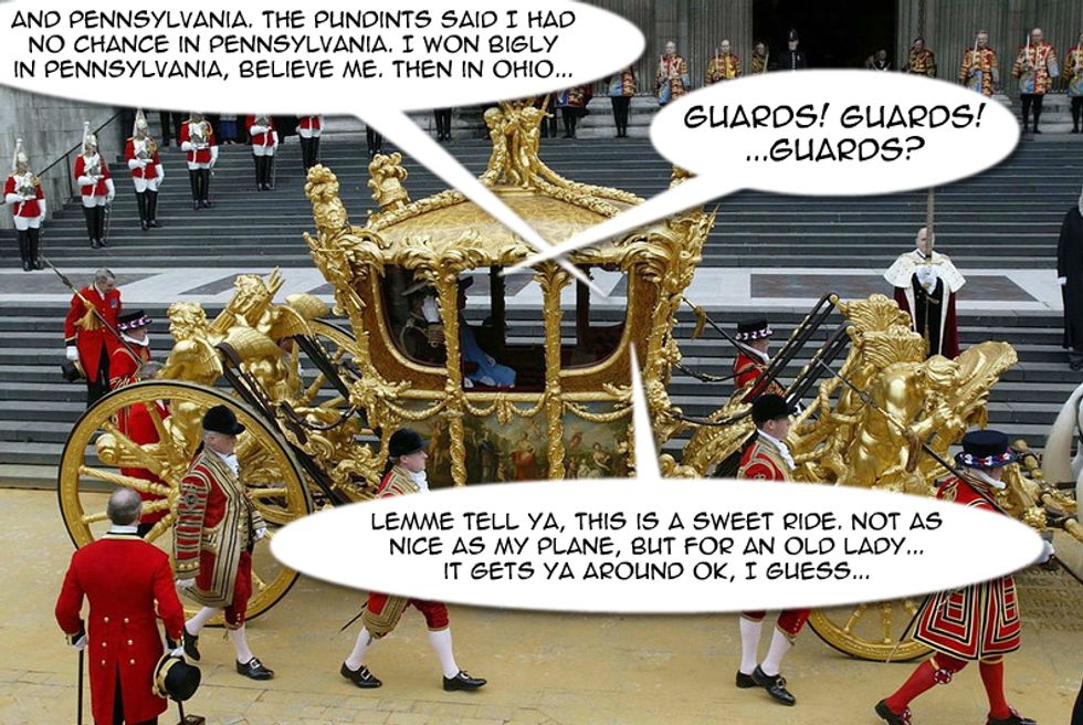 Trump Denies Demanding Golden Carriage/Shower From Queen Elizabeth. Who You Gonna Believe?