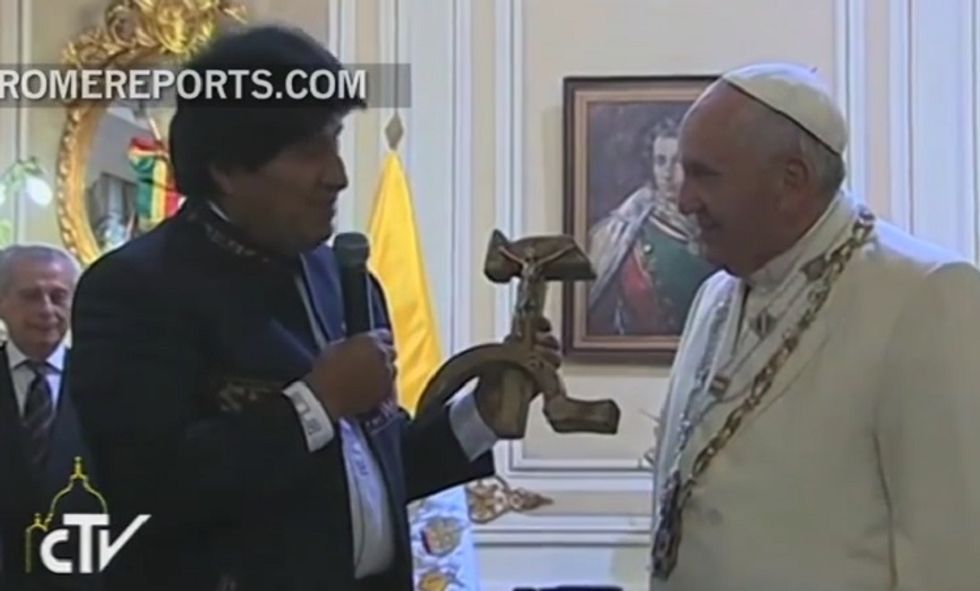 Stupid Man On Internet Says Commie Pope Loves Bolivian Commie Crucifix, Is Communist