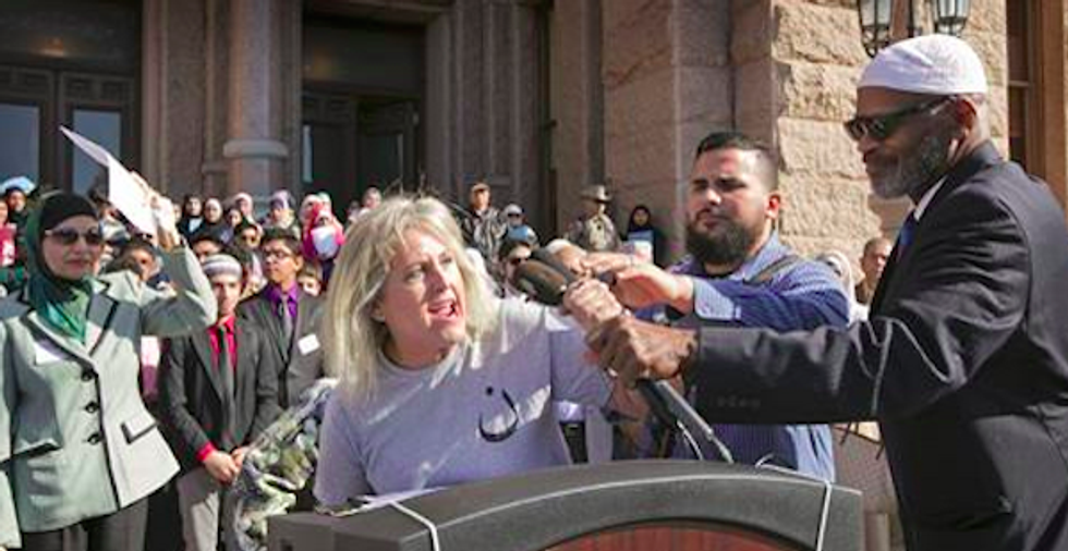 Crazy Anti-Energy Drinks Lady Horning In On Nice Texas Bigots' Anti-Muslim Protests