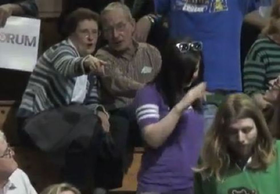 Idiot Santorum Supporters Chant 'USA' at Smooching Men