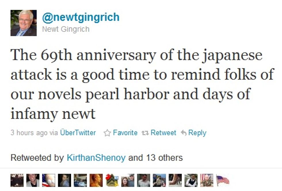 Newt Gingrich Deletes Twitter Thing About His Pearl Harbor Book