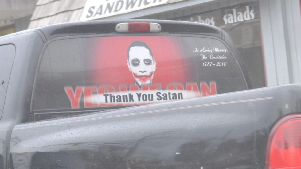 Pickup Truck Thanks Satan For Barack Obama Window