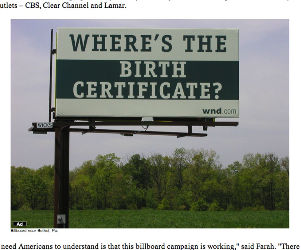 WorldNetDaily Needs Your Donations For Birth Certificate Billboards