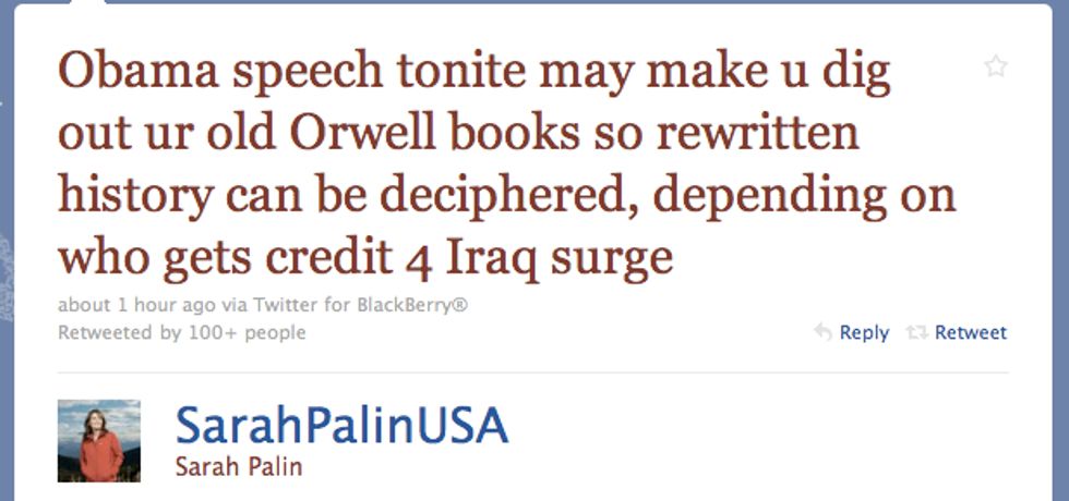 Noted Literary Scholar Sarah Palin Tweets About Orwell, Obama