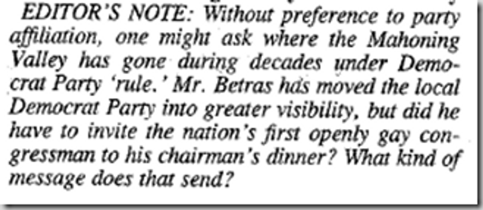 Newspaper Editor Openly Offended By Barney Frank's Openly Gay Lifestyle