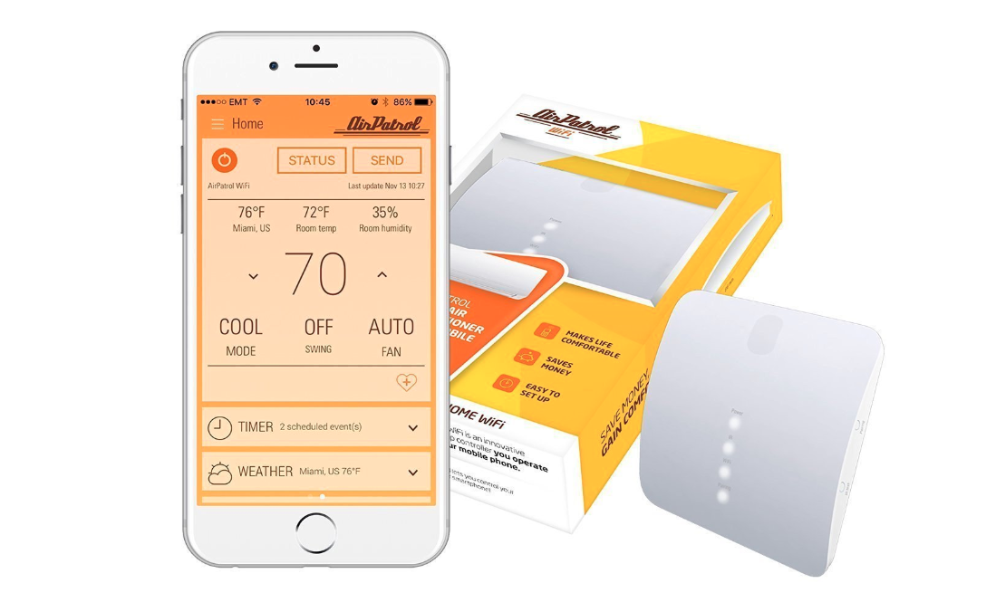 Picture of AirPatrol, a smart air conditioner controller and their app.