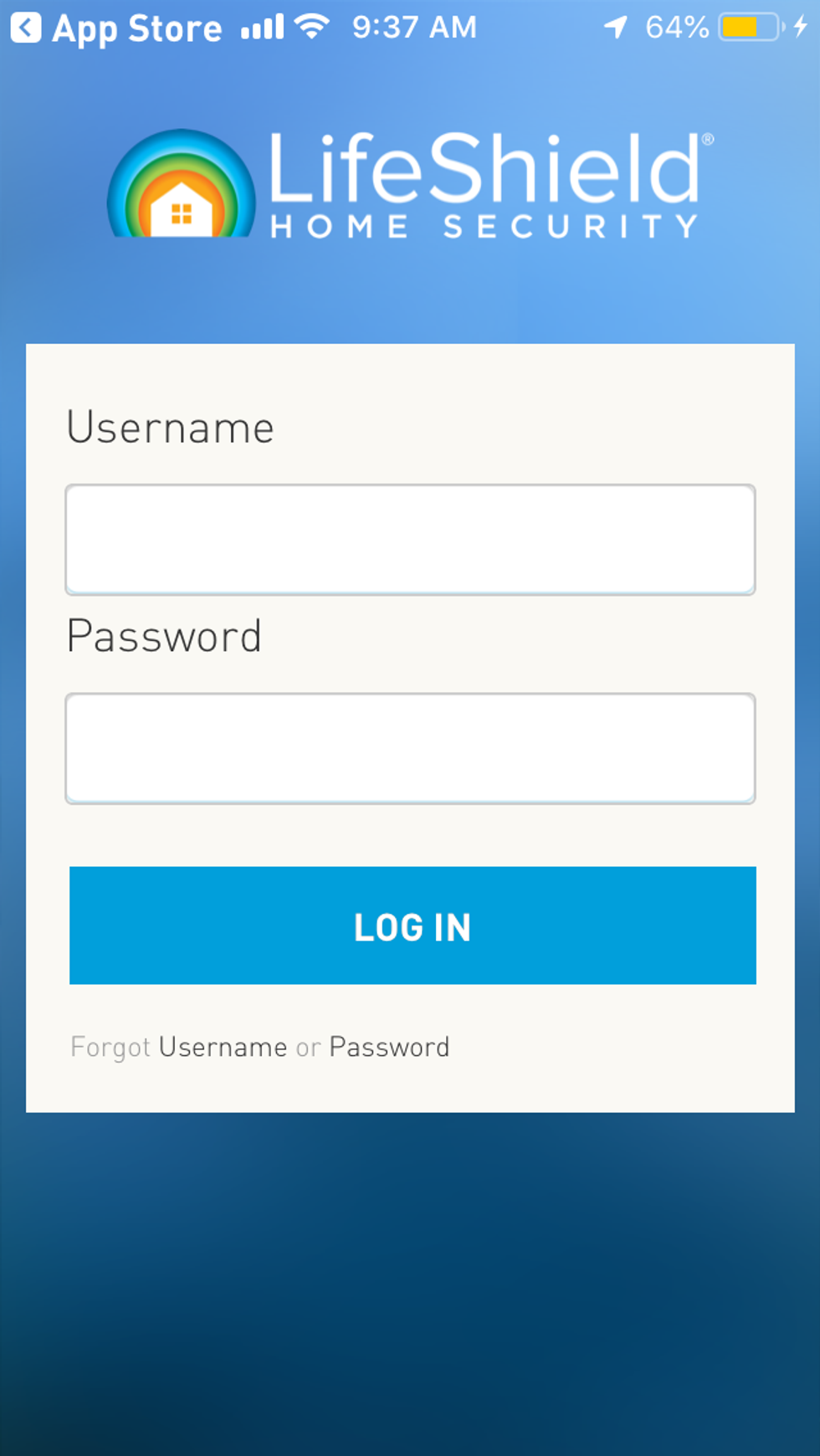 Screen shot of Lifeshield mobile app's log in screen.