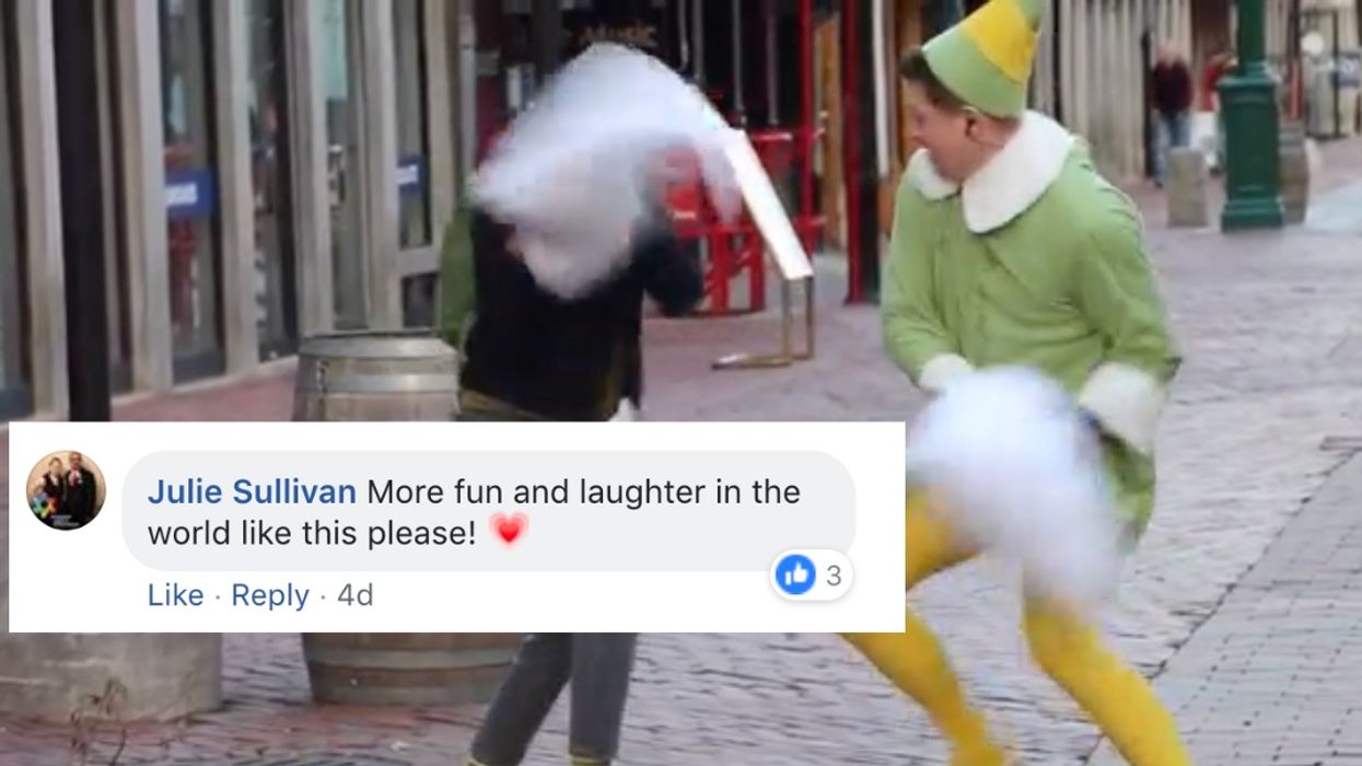 Firefighter Dresses As Buddy The Elf And Challenges People On The Street To Pillow Fights ðŸ˜‚