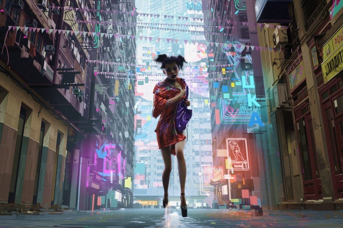 a woman running in Japan with a robe draped over her naked body
