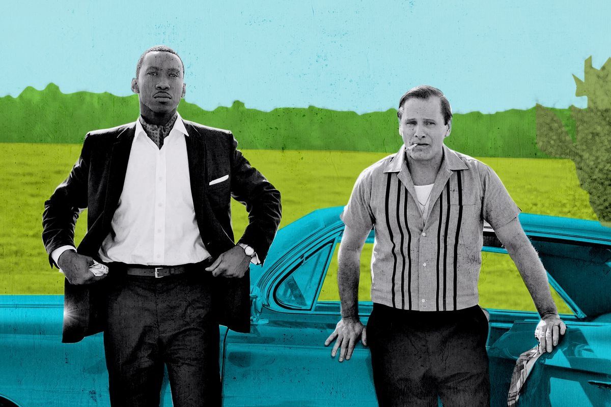 Green book cast standing up against car