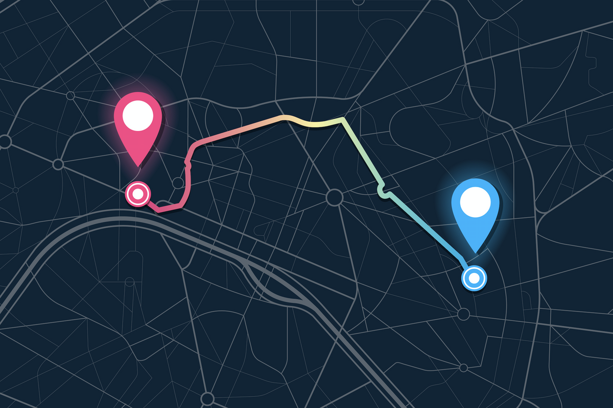 Graphically image showing a route from one location to another
