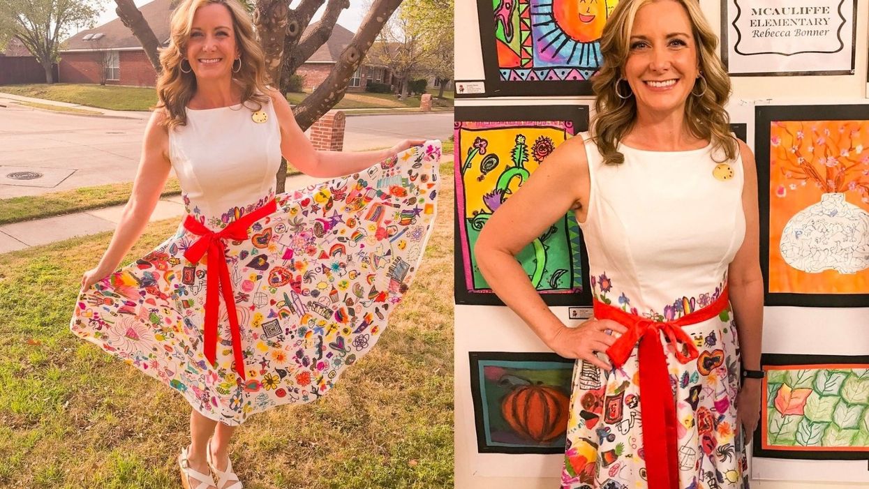 Texas elementary teacher uses dress to show off students' artwork