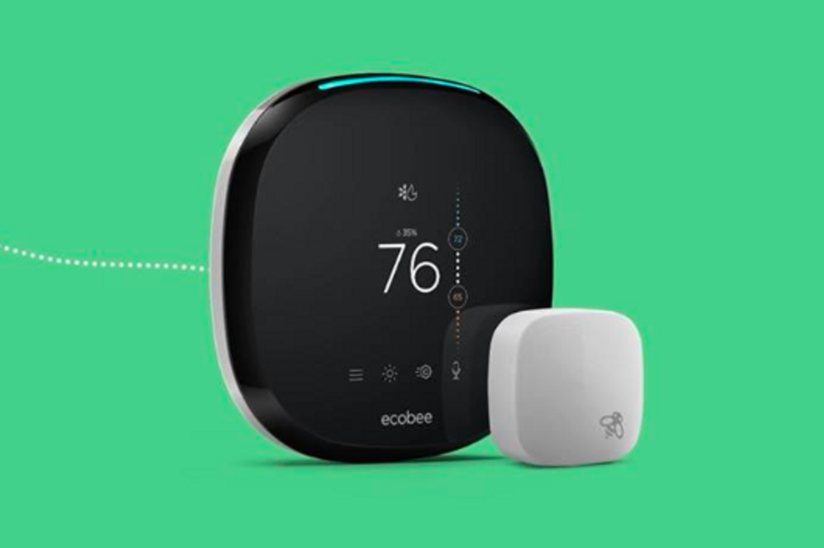 Photo of an Ecobee smart thermostat and sensor