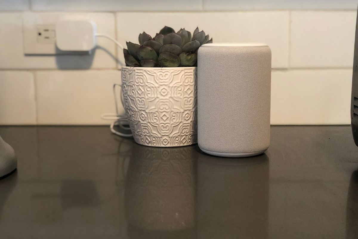 a photo of Amazon Echo Plus 2nd gen on a kitchen counter