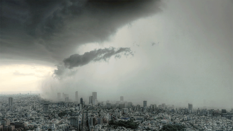 Animation of storm sweeping over a city
