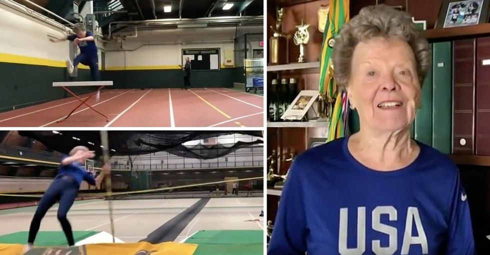 She started doing track and field at age 60. Now, at 84, she's a competitive pole vaulter.