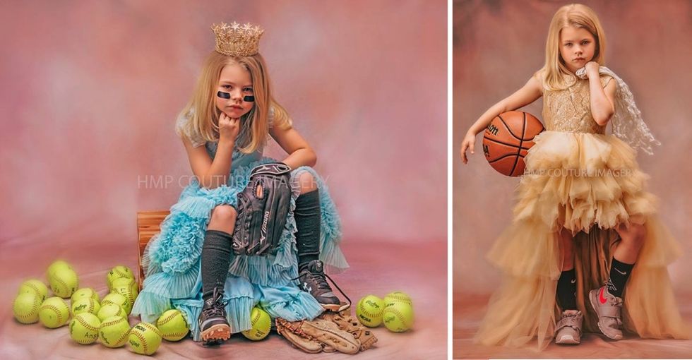 A photographer mom shoots portraits of girls in sparkly dresses and sports equipment because YES