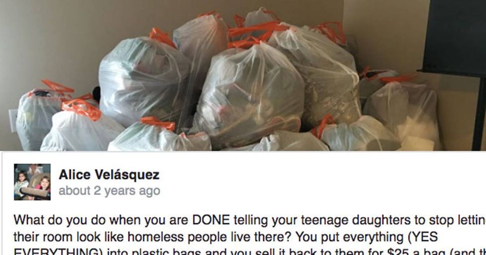 Daughter inspires mom to create devilshly clever ‘mystery trashbag’ solution to her messy room.