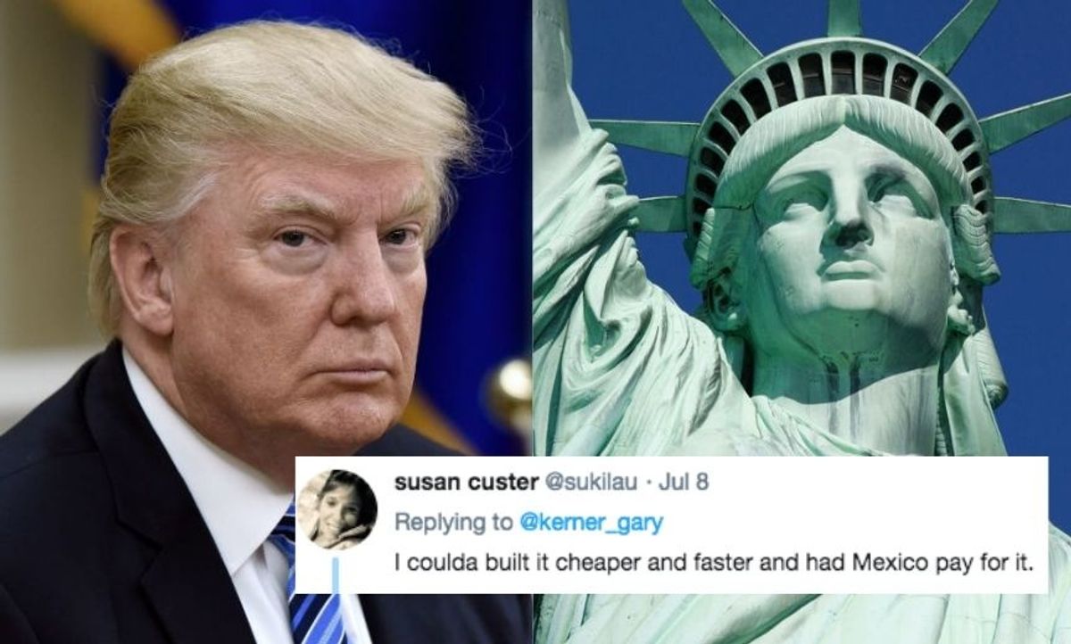 Twitter Was Asked To Caption A Photo Of Trump Looking At The Statue Of Liberty—And The Responses Are Savage