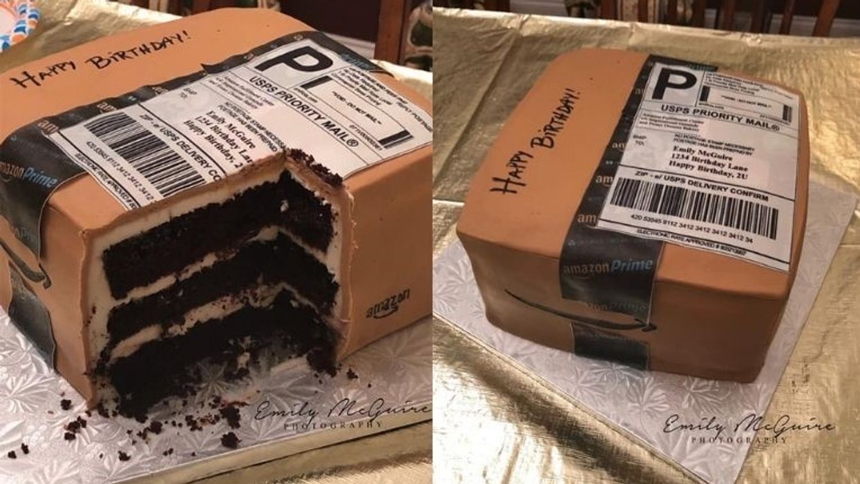 Husband gives wife hilarious cake shaped like a giant Amazon box because she loves online shopping