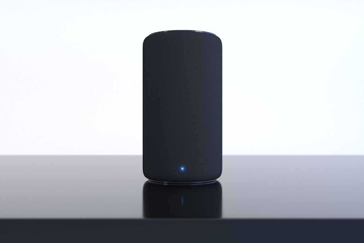 The outline of a black smart speaker with a simple blue dot lit near the bottom