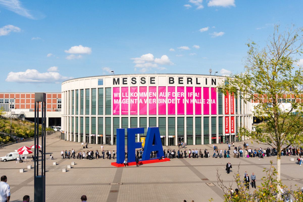 The convention hall in Berlin where the IFA show is held with people standing outside