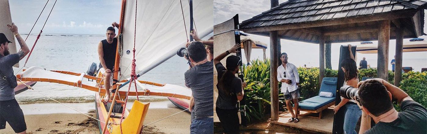 Behind the scenes photos of actor Wilmer Valderrama on a Hawaiian beach photo shoot.
