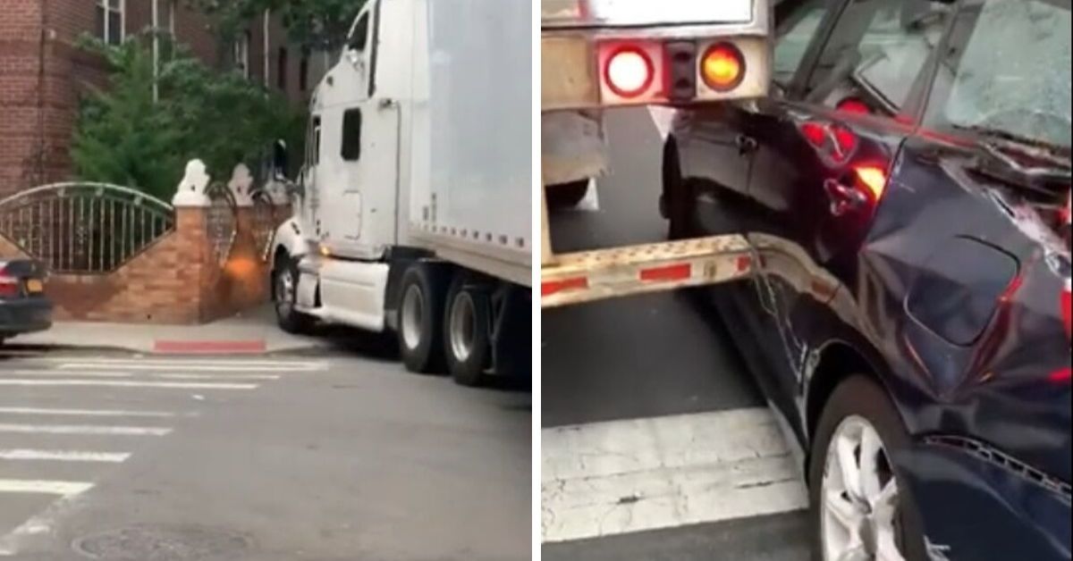 Video Captures Careless Semi-Truck Driver Creating Path Of Destruction While Illegally Driving Along Residential Street