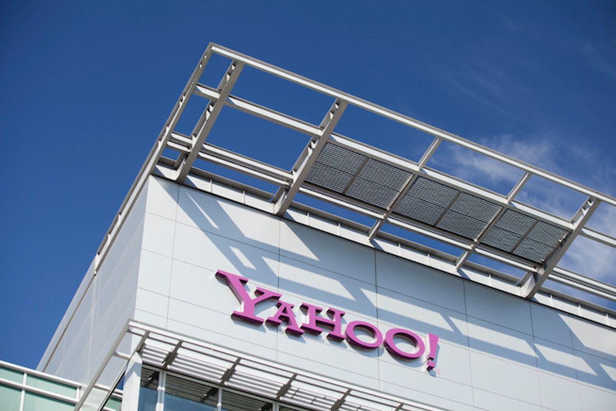 The Yahoo logo in purple on the side of a building
