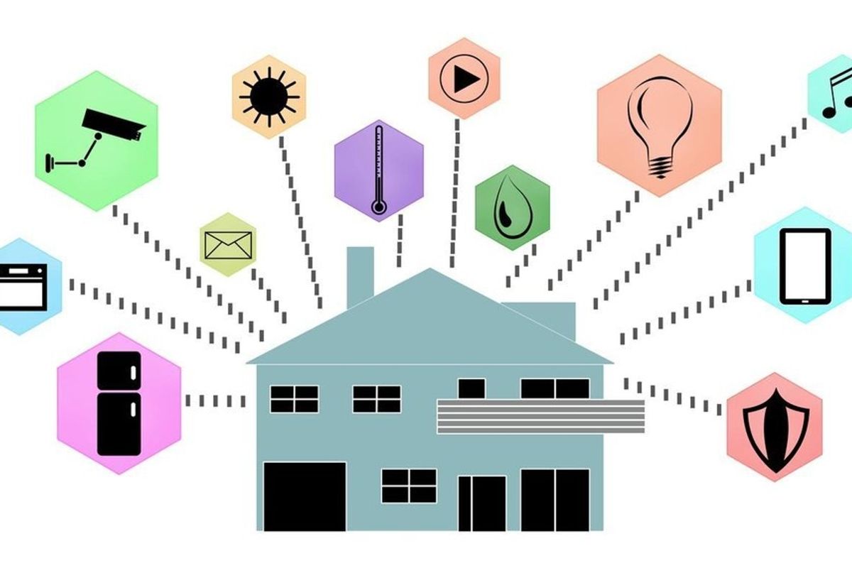 An illustration of a home with different icons including a lightbulb, camera and a thermometer