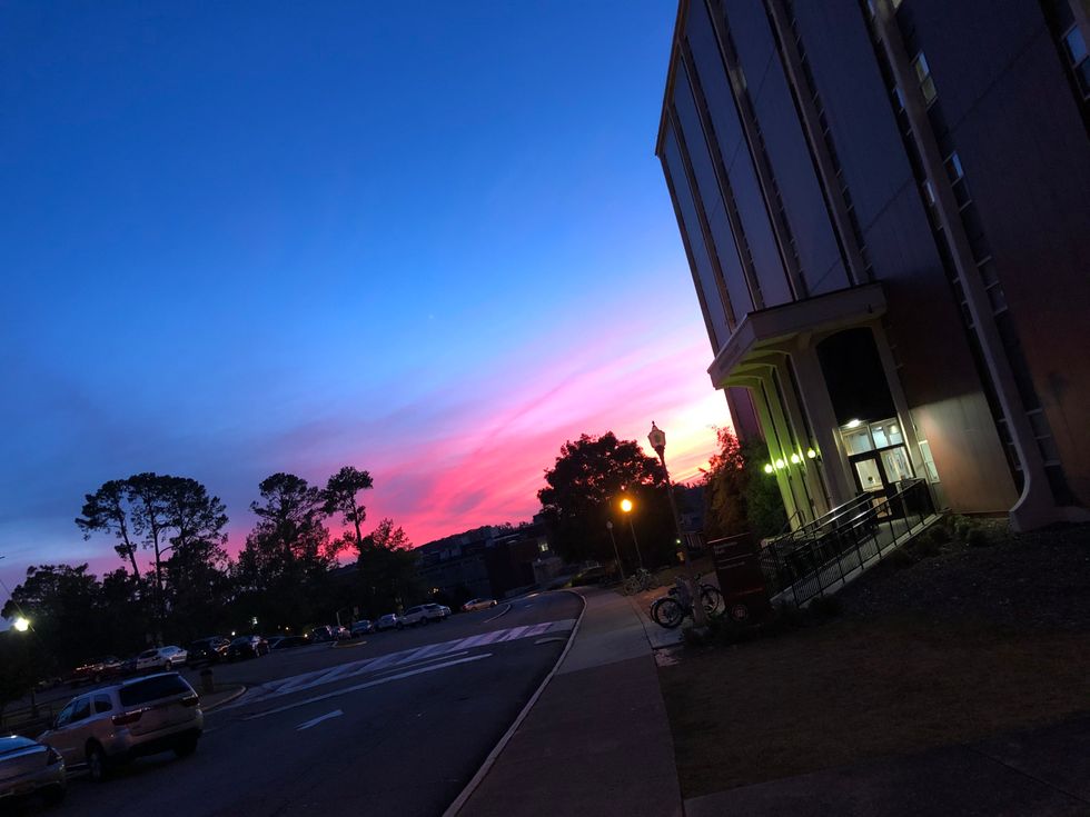 Sunset in front of Sparkman Hall. 