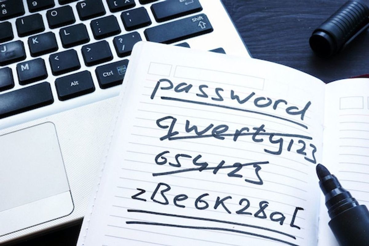 A set of passwords written on a notepad in black ink