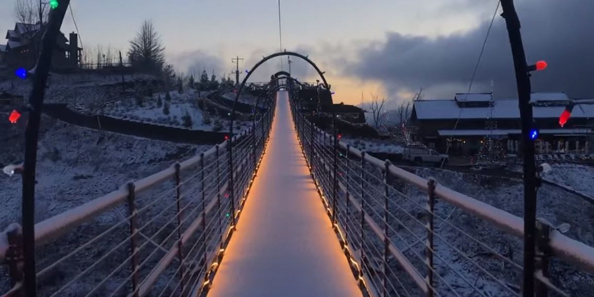 See a bird's eye view of the snowcovered Smoky Mountains in Gatlinburg SkyBridge video It's a