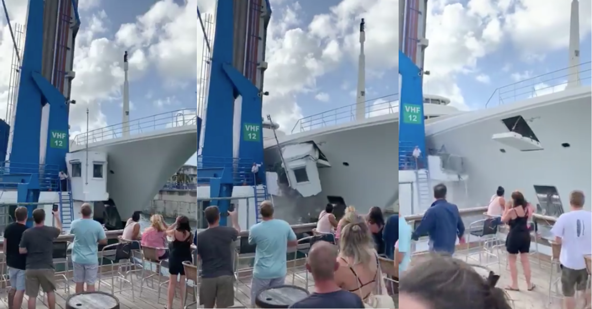 Enormous Yacht Takes Out Bridge Operator's Shack As Crowd Of Onlookers Runs For Cover